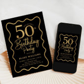 Invitation Black Gold 50th Birthday Wavy Border