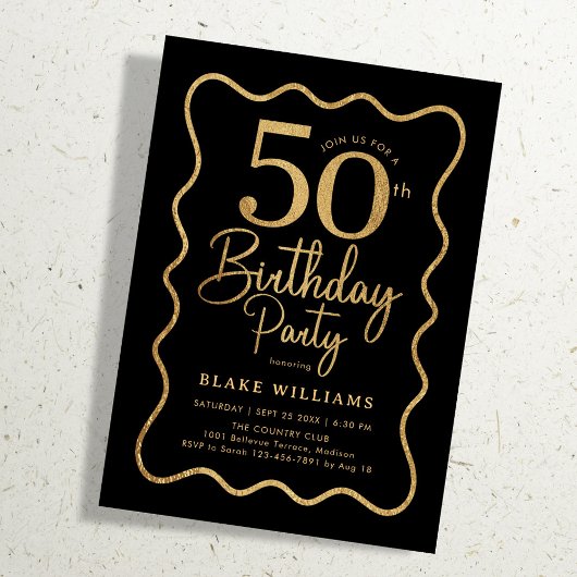 Invitation Black Gold 50th Birthday Wavy Border