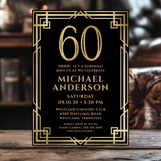 Invitation Black Gold 60e anniversaire Photo Surprise Party