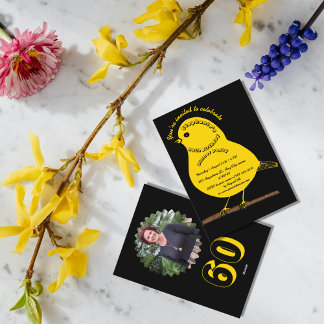 Invitation Black & Gold 60th Birthday Cute Bird Dinner Party