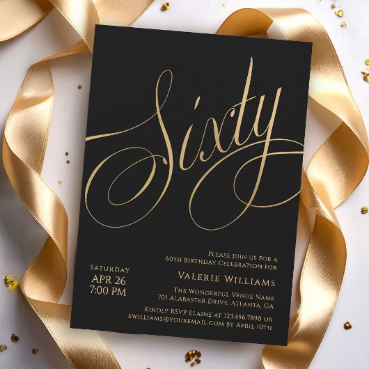 Invitation Black Gold 60th Birthday Elegant Calligraphy
