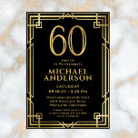 Invitation Black Gold 60th Birthday Photo<br><div class="desc">Cette fabuleuse invitation de 60e anniversaire pour hommes noirs et or avec le numéro 60 en or avec des polices modernes entourée d'un cadre or art déco sur le devant et votre photo préférée de l'invité d'honneur en noir et blanc sur le dos serait parfaite pour demander aux gens de...</div>