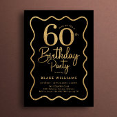 Invitation Black Gold 60th Birthday Wavy Border