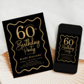 Invitation Black Gold 60th Birthday Wavy Border