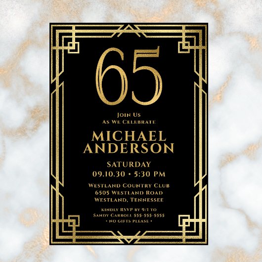 Invitation Black Gold 65th Birthday Photo