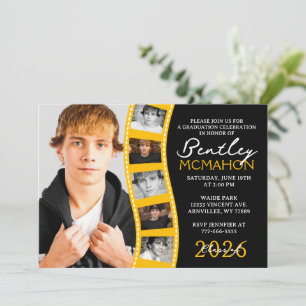Invitation Black & Gold 6 Photo Filmstrip Graduation Collage