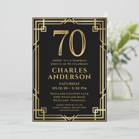Invitation Black Gold 70th Birthday Photo Surprise Party (Debout devant)