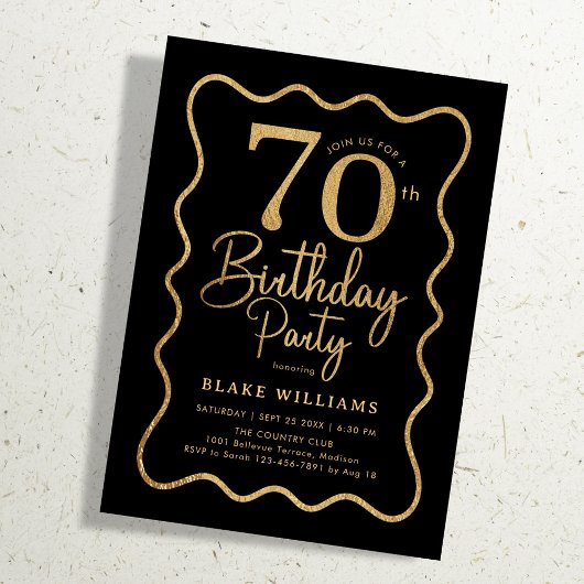 Invitation Black Gold 70th Birthday Wavy Border