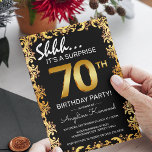 Invitation Black & Gold 70th Surprise Birthday Party<br><div class="desc">Élégante invitation à la fête d'anniversaire en noir et or,  avec une bordure en or ornée,  de grands numéros d'or de l'âge et un modèle d'anniversaire facile à customiser.</div>