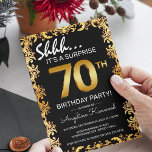 Invitation Black & Gold 70th Surprise Birthday Party<br><div class="desc">Donnez le ton pour une fête mémorable avec nos invitations à l'anniversaire de surprise en noir et or. Ces modèles invitations ont une bordure ornée d'or unique, dressée contre un arrière - plan noir élégant. Les chiffres en or qui attirent l'oeil montrent l'âge du célébrant, faisant de chaque invitation un...</div>