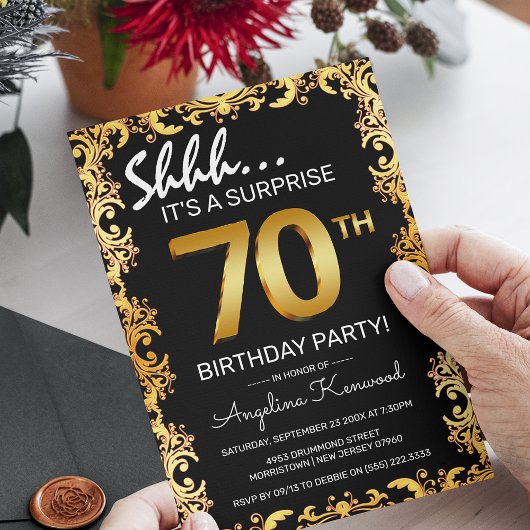 Invitation Black & Gold 70th Surprise Birthday Party