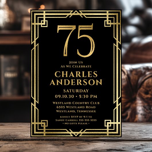 Invitation Black Gold 75th Birthday Photo