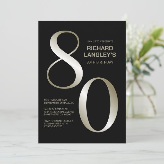 Invitation Black Gold 80e fête d'anniversaire (Debout devant)