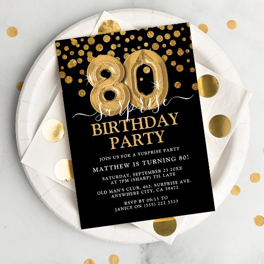 Invitation Black & Gold 80e fête d'anniversaire surprise