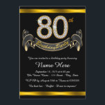 Invitation Black Gold 80th Birthday Party<br><div class="desc">Invitation de fête du 80e anniversaire avec numéros de diamant et bannière sur un magnifique arrière - plan noir et or riche. Cette belle invitation de fête de 80ème anniversaire noir et or classe est facilement customisée pour votre événement. Vous pouvez modifier la couleur de l'arrière - plan. Ce design...</div>