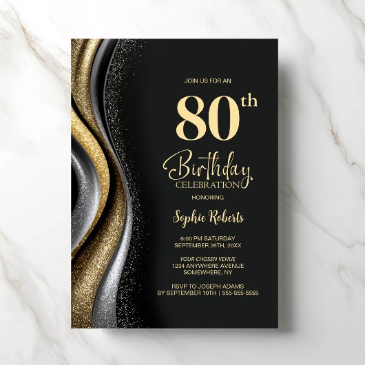Invitation Black Gold 80th Birthday Party