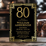 Invitation Black Gold 80th Birthday Photo<br><div class="desc">Cette fabuleuse invitation de 80e anniversaire pour hommes noirs et or avec le numéro 80 en or avec des polices modernes entourée d'un cadre d'art déco or sur le devant et votre photo préférée de l'invité d'honneur en noir et blanc sur le dos serait parfaite pour demander aux gens de...</div>