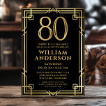 Invitation Black Gold 80th Birthday Photo Surprise Party<br><div class="desc">Cette fabuleuse invitation à la fête surprise masculine de 80e anniversaire en noir et or avec le numéro 80 en or avec des polices modernes entourée d'un cadre d'art déco en or sur le devant et votre photo préférée de l'invité d'honneur en noir et blanc sur le dos serait parfaite...</div>
