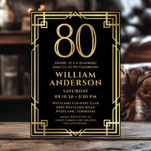Invitation Black Gold 80th Birthday Photo Surprise Party