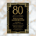 Invitation Black Gold 80th Birthday Photo Surprise Party<br><div class="desc">Cette fabuleuse invitation à la fête surprise masculine de 80e anniversaire en noir et or avec le numéro 80 en or avec des polices modernes entourée d'un cadre d'art déco en or sur le devant et votre photo préférée de l'invité d'honneur en noir et blanc sur le dos serait parfaite...</div>