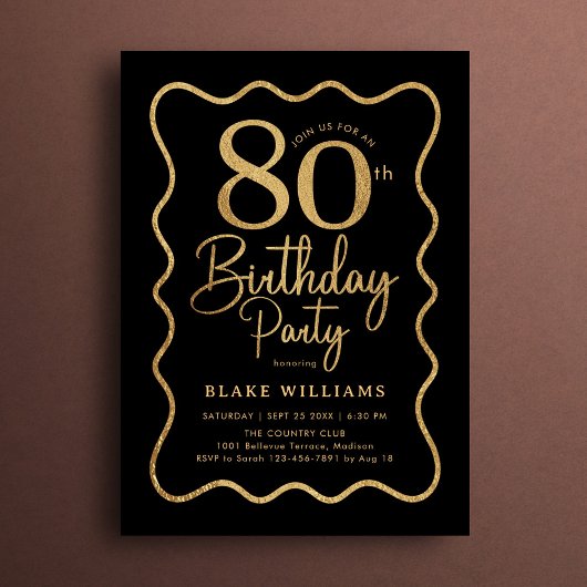 Invitation Black Gold 80th Birthday Wavy Border