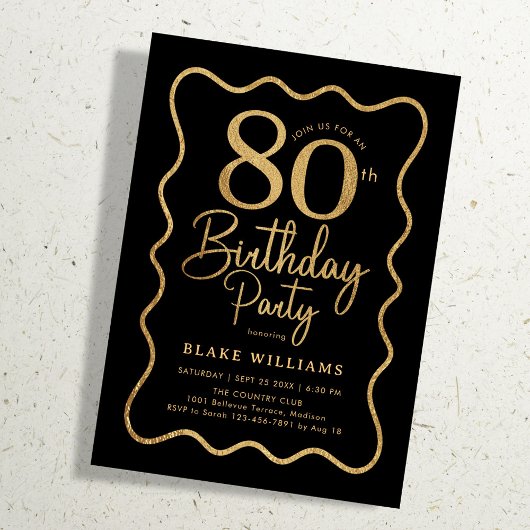 Invitation Black Gold 80th Birthday Wavy Border
