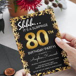Invitation Black & Gold 80th Surprise Birthday Party<br><div class="desc">Donnez le ton pour une fête mémorable avec nos invitations à l'anniversaire de surprise en noir et or. Ces modèles invitations ont une bordure ornée d'or unique, dressée contre un arrière - plan noir élégant. Les chiffres en or qui attirent l'oeil montrent l'âge du célébrant, faisant de chaque invitation un...</div>
