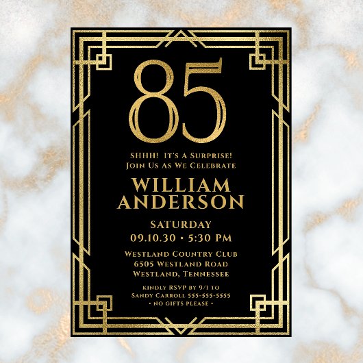 Invitation Black Gold 85e anniversaire Photo Surprise Party