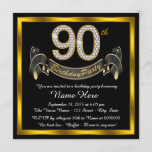 Invitation Black Gold 90th Birthday Party<br><div class="desc">Elégante invitation à la fête du 90ème anniversaire avec des numéros de diamant d'or et une bannière sur un arrière - plan noir et or. Cette magnifique invitation à la fête du 90e anniversaire en noir et or est facilement customisée pour votre événement. Vous pouvez changer la couleur arrière -...</div>