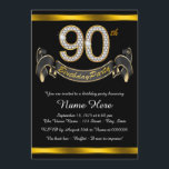 Invitation Black Gold 90th Birthday Party<br><div class="desc">Invitation de 90ème anniversaire avec numéros de diamants et bannière sur un bel arrière - plan noir et or. Cette belle invitation de fête de 90ème anniversaire en noir et or est facilement customisée pour votre événement. Vous pouvez modifier la couleur de l'arrière - plan. Ce design frappant fonctionne bien...</div>
