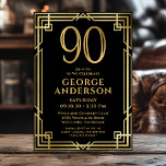 Invitation Black Gold 90th Birthday Photo<br><div class="desc">Cette fabuleuse invitation de 90ème anniversaire pour hommes en noir et or avec le numéro 90 en or avec des polices modernes entourée d'un cadre d'art déco or sur le devant et votre photo préférée de l'invité d'honneur en noir et blanc sur le dos serait parfaite pour demander aux gens...</div>