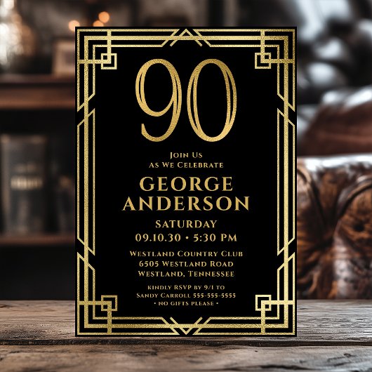 Invitation Black Gold 90th Birthday Photo