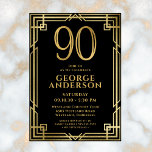 Invitation Black Gold 90th Birthday Photo<br><div class="desc">Cette fabuleuse invitation de 90ème anniversaire pour hommes en noir et or avec le numéro 90 en or avec des polices modernes entourée d'un cadre d'art déco or sur le devant et votre photo préférée de l'invité d'honneur en noir et blanc sur le dos serait parfaite pour demander aux gens...</div>