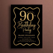 Invitation Black Gold 90th Birthday Wavy Border