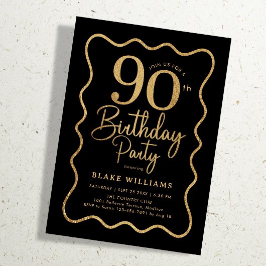 Invitation Black Gold 90th Birthday Wavy Border