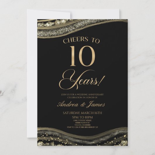 Invitation Black Gold Agate 10e anniversaire Mariage fête (Devant)
