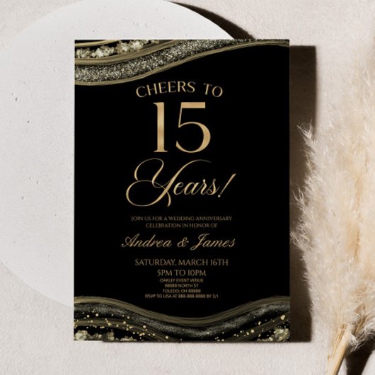 Invitation Black Gold Agate 15e anniversaire Mariage fête