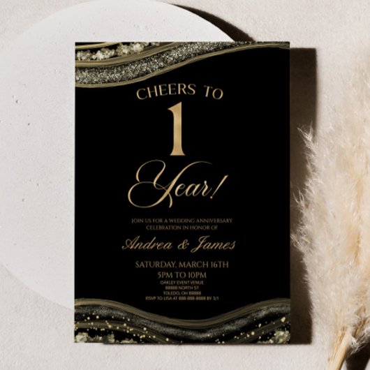 Invitation Black Gold Agate 1er anniversaire Mariage
