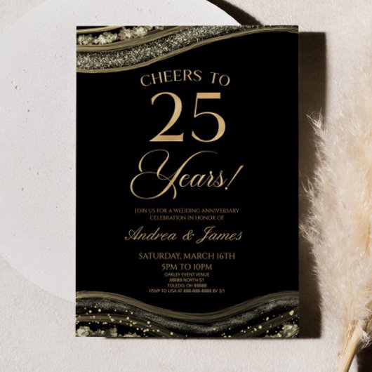 Invitation Black Gold Agate 25e fête Mariage Anniversaire