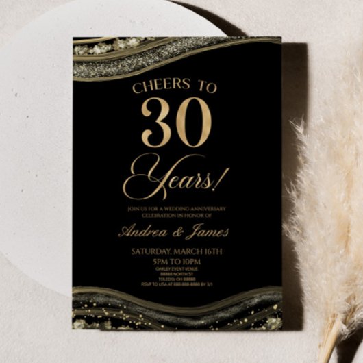 Invitation Black Gold Agate 30e fête d'anniversaire du Mariag