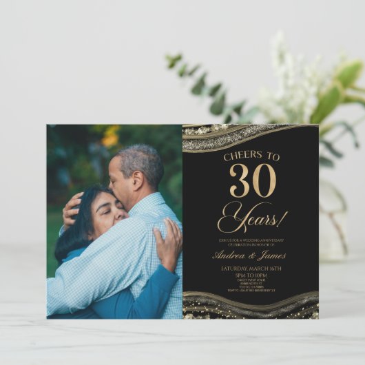 Invitation Black Gold Agate 30e fête d'anniversaire du Mariag (Debout devant)