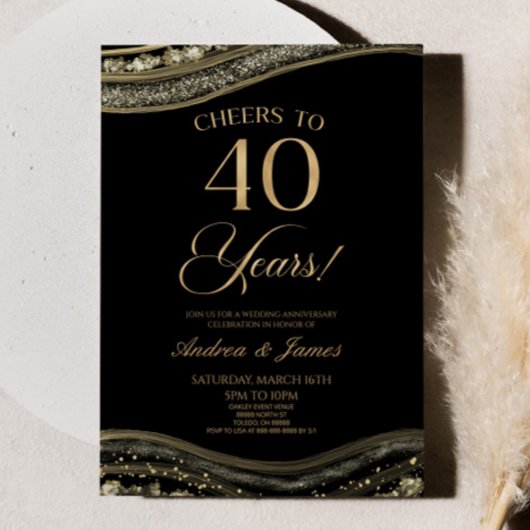 Invitation Black Gold Agate 40e fête d'anniversaire du Mariag