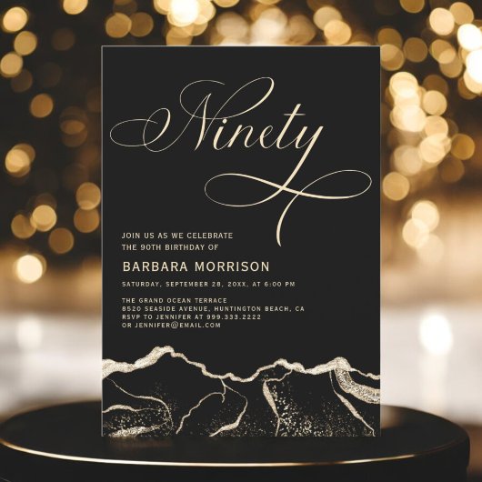 Invitation Black Gold Agate 90e Soixante-dix fête d'anniversa