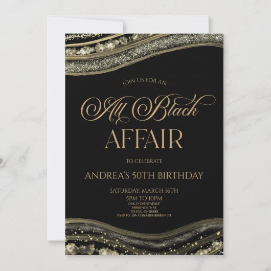 Invitation Black Gold Agate All Black Affair fête d'anniversa (Devant)