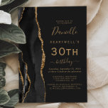 Invitation Black Gold Agate Dark 30th Birthday Party<br><div class="desc">Le bord gauche de cette élégante invitation de fête du 30e anniversaire moderne comporte une bordure en aquarelle noire ornée d'une fausse parties scintillant dorée. Le texte personnalisable combine écriture manuscrite dorée, cuivre et polices italiques sur un arrière - plan noir ardoise. L'envers est assorti d'un design d'agate noir et...</div>