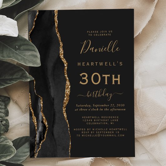 Invitation Black Gold Agate Dark 30th Birthday Party