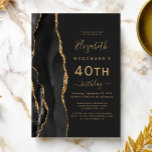 Invitation Black Gold Agate Dark 40th Birthday Party<br><div class="desc">Le bord gauche de cette élégante invitation à la fête d'anniversaire moderne comporte une bordure en aquarelle noire ornée d'une parties scintillant en faux or. Le texte personnalisable combine écriture manuscrite dorée, cuivre et polices italiques sur un arrière - plan noir ardoise. L'envers est assorti d'un design d'agate noir et...</div>