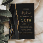 Invitation Black Gold Agate Dark 50th Birthday Party<br><div class="desc">Le bord gauche de cette élégante invitation à la fête d'anniversaire moderne comporte une bordure en aquarelle noire ornée d'une fausse parties scintillant dorée. Le texte personnalisable combine écriture manuscrite dorée, cuivre et polices italiques sur un arrière - plan noir ardoise. L'envers est assorti d'un design d'agate noir et or....</div>