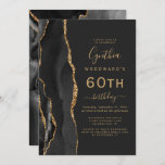 Invitation Black Gold Agate Dark 60th Birthday Party<br><div class="desc">Le bord gauche de cette élégante invitation à la fête d'anniversaire moderne comporte une bordure en aquarelle noire ornée d'une parties scintillant en faux or. Le texte personnalisable combine écriture manuscrite dorée, cuivre et polices italiques sur un arrière - plan noir ardoise. L'envers est assorti d'un design d'agate noir et...</div>