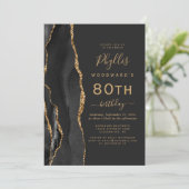 Invitation Black Gold Agate Dark 80th Birthday Party (Debout devant)